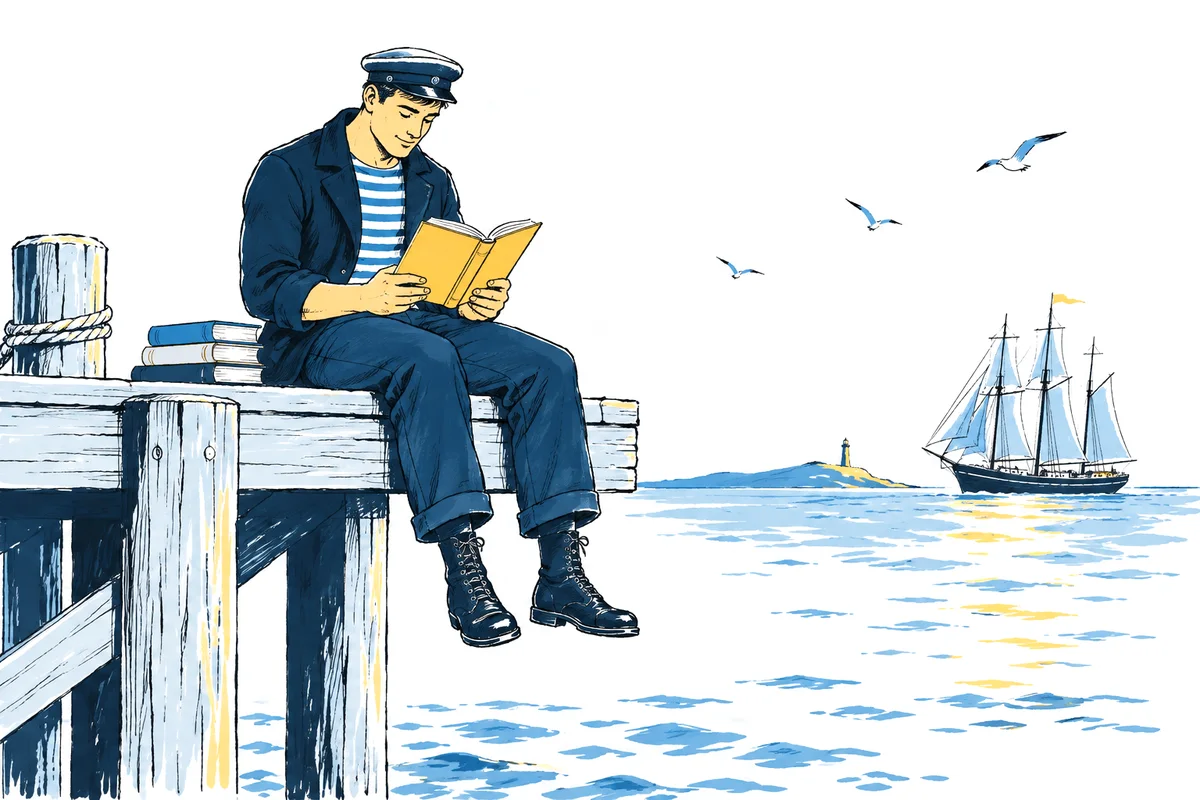 Молодой моряк читает книгу на причале, вдали парусник